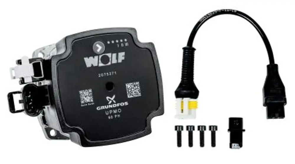 Wolf Pumpenset mit Kontrollmodul und Anschlusskabel, enthalten sind Befestigungsschrauben. Ideal für den Einsatz in Heizungsanlagen.